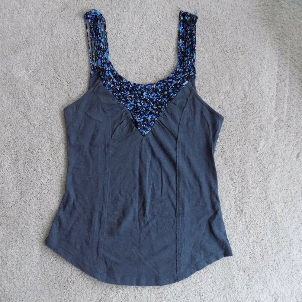Free People Navy Tank Top with Blue Floral Trim